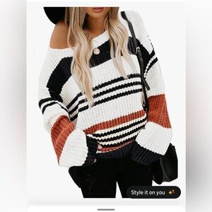 Striped Off-Shoulder Sweater - Black, White, Brown